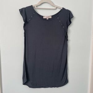 LOFT Women's Charcoal Short Ruffled Sleeve Top with Button Accents Size MP